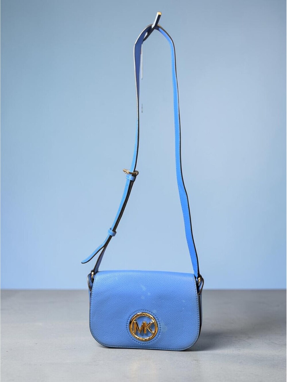 Michael Kors Blue Pebbled Leather Flap Crossbody Bag Adjustable Strap